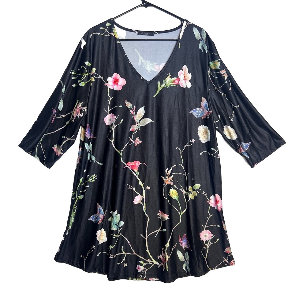 Women's‎ Tunic Blouse, Floral Black V Neck 3/4 Slv Plus Sz 3XL